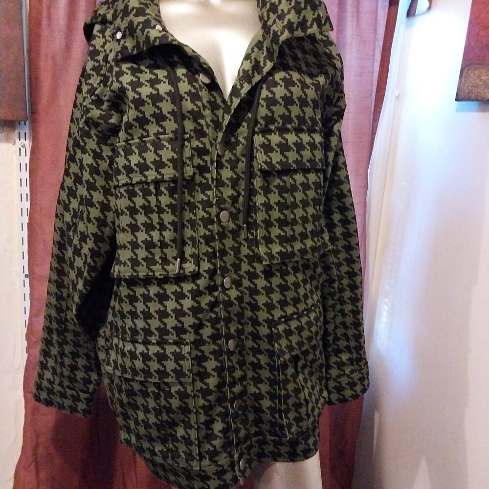 Ivy Park Adidas Hooded Twill Heavyweight Jacket Wild Pine Black Hound's-tooth - Picture 2 of 12